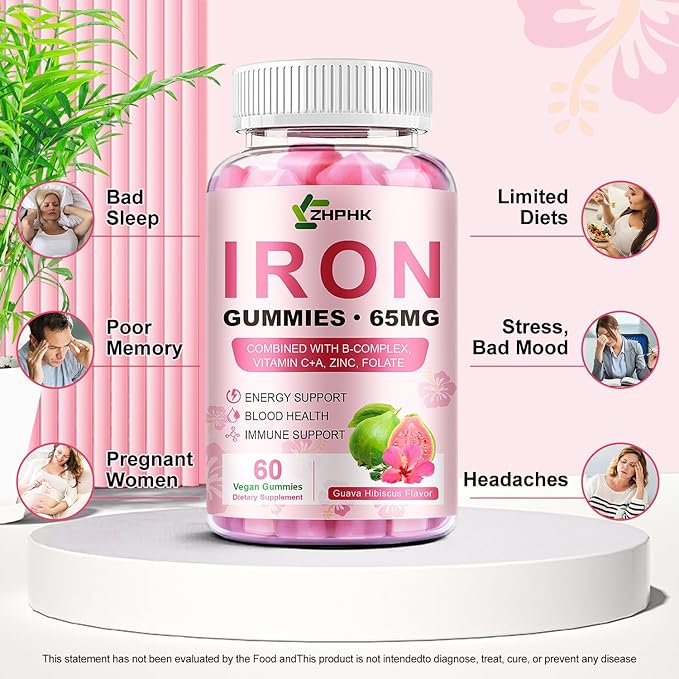 Iron Gummies Vitamin Supplement 65mg & Vitamin C 250mg per Serving with B6 B12 Folate- Energy Support for Iron Deficiency, Anemia, Vegan Guava Hibiscus Flavor, 60 Count