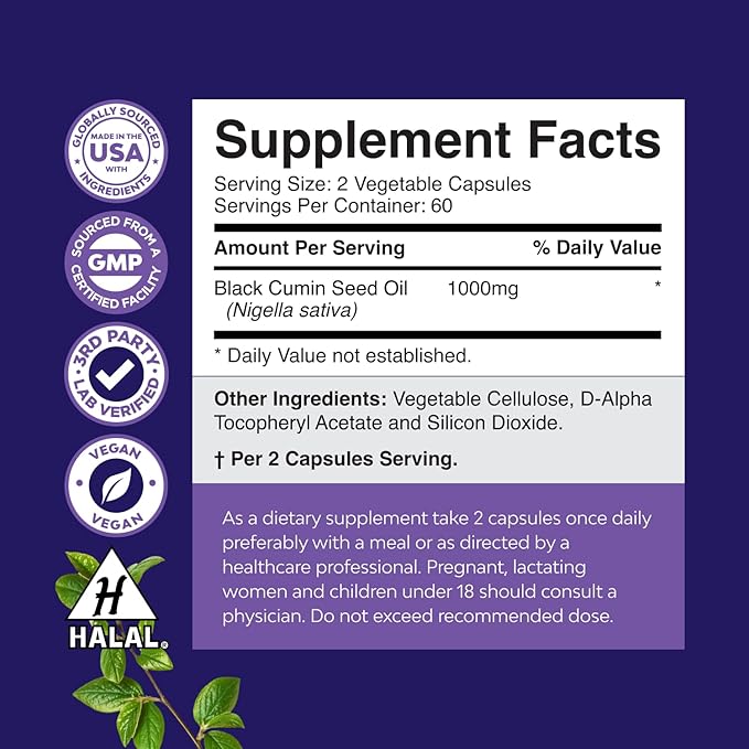 Cold Pressed Black Seed Oil Capsules - Vegan Nigella Sativa Black Cumin Seed Oil Capsules with Omega 3 6 9 Antioxidants and Thymoquinone for Hair Growth Immune Support Joint Health and Digestion
