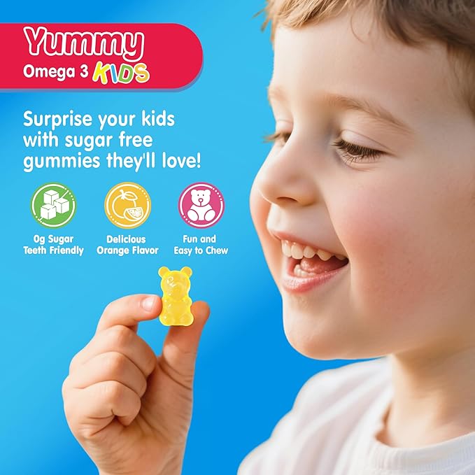 Kids Omega 3 Gummies + Calcium, Vitamin D3 & K2, C, Omega-3 DHA/EPA Gummies for Strong Bones, Focus & Memory, Immune Support, Kids Omega3 Supplement - No Fish Taste, Non-GMO, Chewable, Vegan, 2 Pack