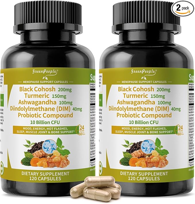 Menopause Supplements for Women - Black Cohosh & Ashwagandha for Hot Flashes, Night Sweats, Mood Swings, Hormonal Balance Support,10 Billion CFU Probiotic - 120(2 Packs) Capsules Vegan