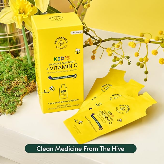 Beekeeper's Naturals Kid's Immune Liposomal Vitamin C, 500 mg Vitamin C, Elderberry, Vitamin D, Propolis & Honey, Kid-Friendly Immune Support - Mixed Berry Flavor, Easy to Use, Bioavailable, 30 Ct