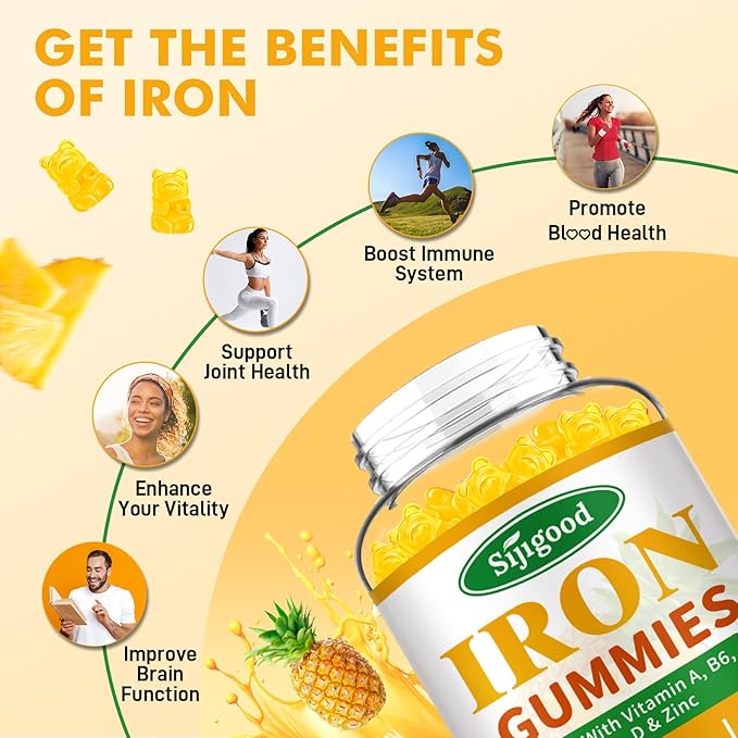 2 Pack Iron Gummies for Women & Men - Vegan Iron Supplement for Anemia & Iron Deficiency, with Vitamin B12, Vitamin C, Zinc, Folate - Energy Boost, Sugar-Free, Pineapple Flavor, 120 Count