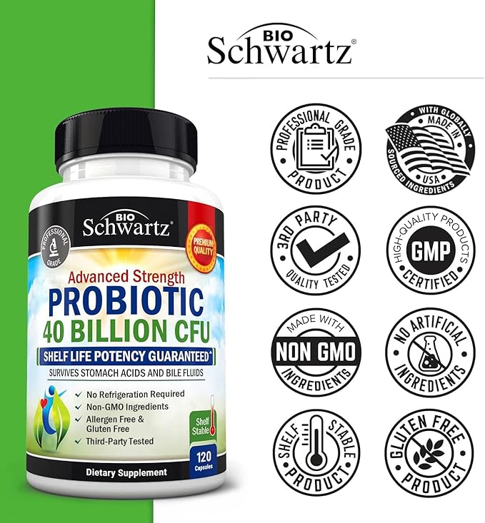 BioSchwartz Daily Probiotic Nutritional Supplement - 40 Billion CFU for Gut Health - Probiotics for Men and Women - Digestive Health with Astragalus & Lactobacillus - Shelf Stable - 120 Count