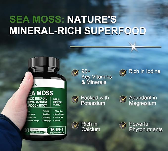 16-in-1 Organic Sea Moss Gel Alternative Capsules – Superfood Blend with Ashwagandha, Black Seed Oil, Turmeric, Bladderwrack, Burdock, Elderberry, Manuka, Dandelion, Yellow Dock, Vitamin C & D3