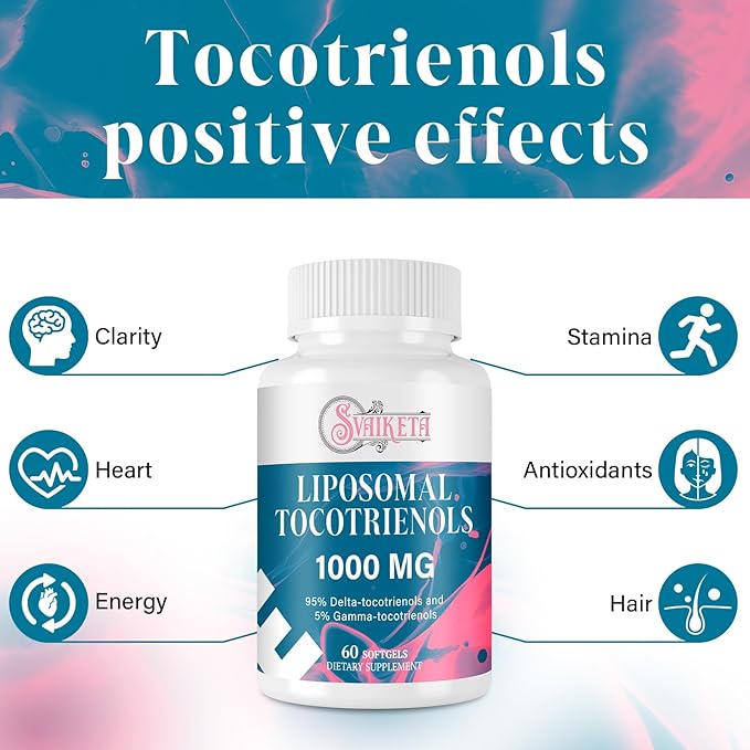 Liposomal Tocotrienols Supplement 1000mg, Vitamin E, Advanced Formula with 95% Delta-Tocotrienols & 5% Gamma-Tocotrienols - 60 Softgels (2 Bottles)