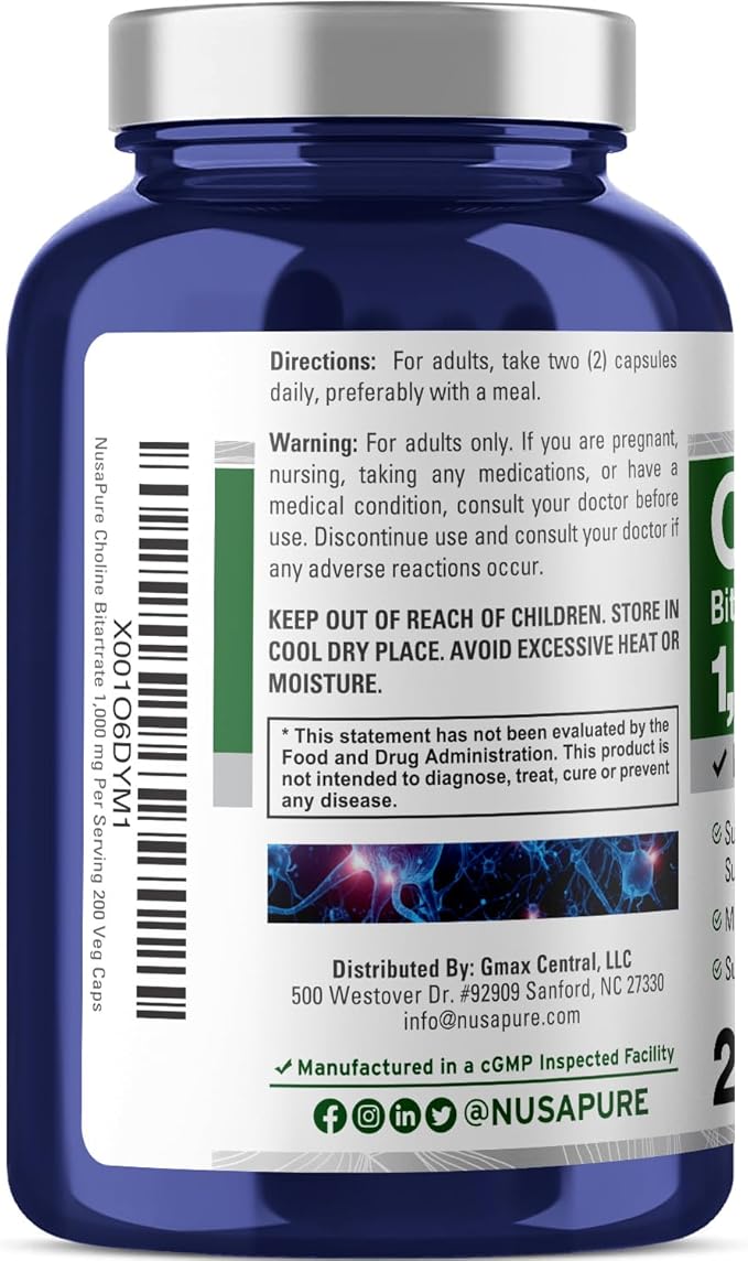 NusaPure Choline Bitartrate 1000 mg 200 Veggie Capsules (Vegan Vegetarian, Non-GMO)