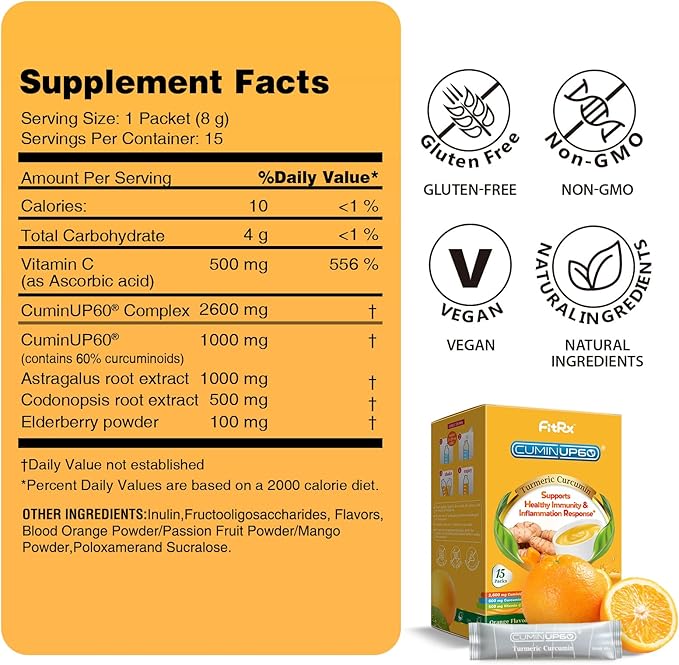 Turmeric Curcumin Drink Powder, Turmeric Shots with Vitamin C for Immunity, Orange Flavor Instant Drink Mix Packets, High Absorption Curcumin Complex, Immune & Recovery, Joint Support Supplement