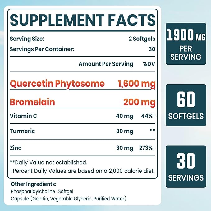 Liposomal Quercetin Phytosome, Quercetin with Bromelain, Zinc & Vitamin C, Bioactive Phytosome Complex, 20X Higher Absorption - 120 Softgels