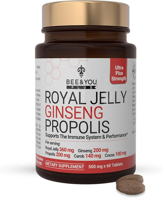 Bee and You Royal Jelly with Ginseng Tablet, Propolis Extract, 60ct, 100% Natural Superfood, Ultra Pure, Immune Support Supplement, Antioxidants, Keto, Paleo, Gluten-Free