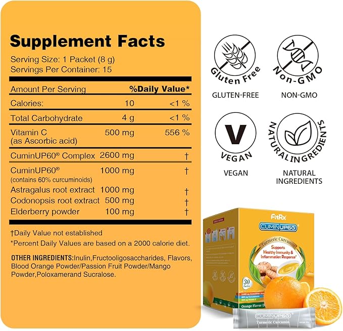 Turmeric Curcumin Drink Powder, Turmeric Shots with Vitamin C for Immunity, Orange Flavor Instant Drink Mix Packets, High Absorption Curcumin Complex, Immune & Recovery, Joint Support Supplement