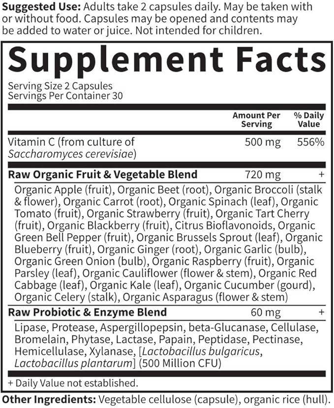 Garden of Life Whole Food Vitamin C Code Raw Capsules, 500mg, Fruit & Veggie Blend, Probiotics Supplements for Adults, Vegan, Gluten Free, Orange, 60 Count