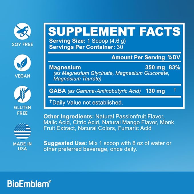 BioEmblem Triple Magnesium Powder Drink - 350mg High Absorption Magnesium Glycinate, Gluconate, Taurate & GABA for Rest, Sleep, & Brain Health - Passionfruit Mango Flavor - Vegan - (30 Servings)