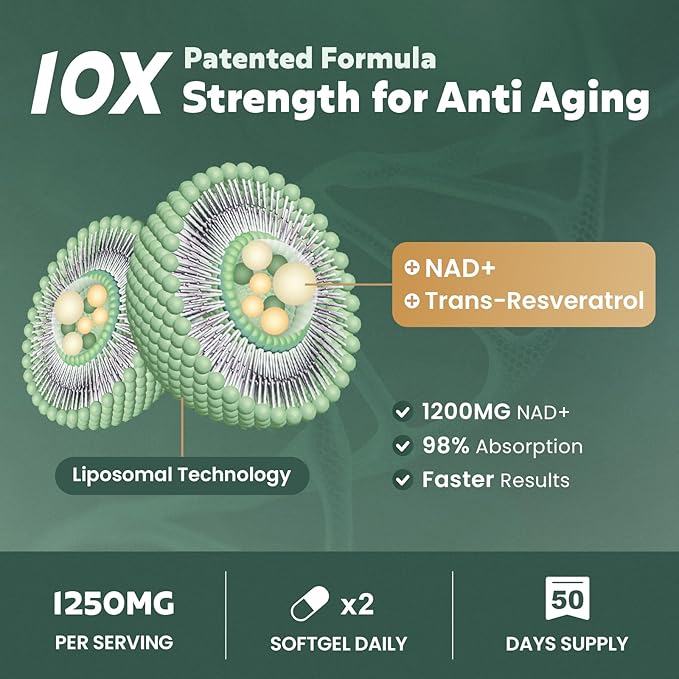 Liposomal NAD+ Supplement 1200mg with Trans Resveratrol - Boost NAD+ Levels, Energy & Anti-Aging Support - Vegan, 100 Softgels