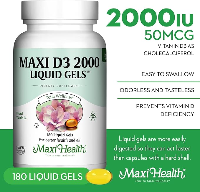 Maxi Health Kosher Vitamin D3 2000IU, Highly Absorbable Vitamin D Supplements for Healthy Immune Response, Calcium Absorption, Teeth & Bone Health - Vit D3 Vitamin 2000 IU - 180 Liquid Gels