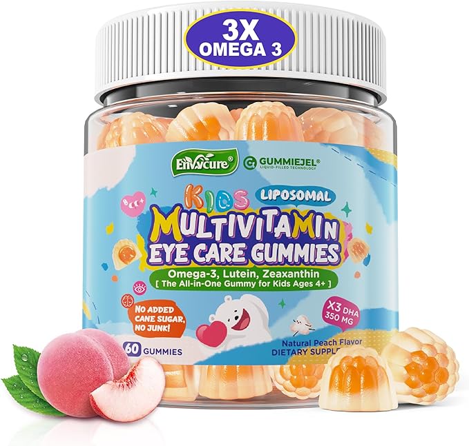 Kids Multivitamin Gummies with Omega-3 (DHA & EPA), Liposomal Multivitamin for Kids 4+ w/Vitamin D3, K2, Methylated B12, Folate, C, Probiotics, Lutein & Zeaxanthin for Brain, Immunity, Gut, Eye, 60Cts