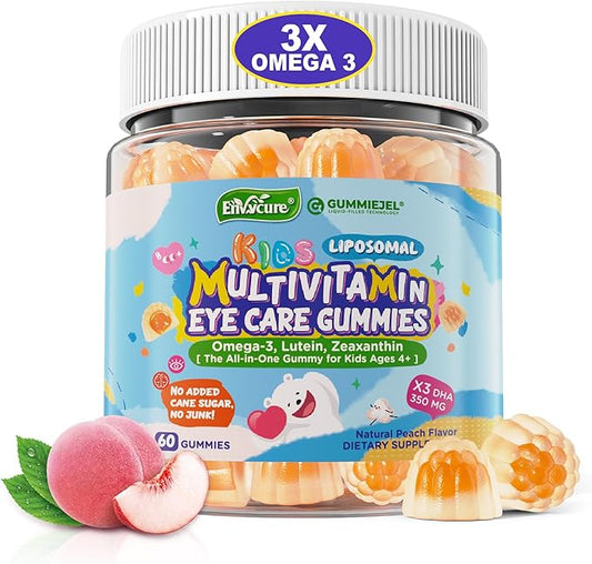 Kids Multivitamin Gummies with Omega-3 (DHA & EPA), Liposomal Multivitamin for Kids 4+ w/Vitamin D3, K2, Methylated B12, Folate, C, Probiotics, Lutein & Zeaxanthin for Brain, Immunity, Gut, Eye, 60Cts