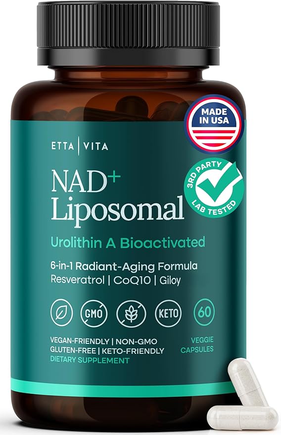 Liposomal NAD+ Supplement 500mg with Urolithin A, CoQ10, Resveratrol & Giloy (Made in USA), NAD Supplement for Cellular Energy, Cognitive, Anti-Aging & Detox Support - 3rd Party Tested Vegan, Non-GMO