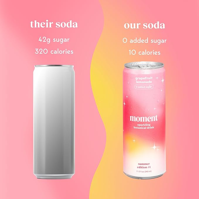 Moment Botanical Soda Soft Drink (Shark Tank) - SPARKLING Non Alcoholic Drinks | Grapefruit Lemonade | L-Theanine & Ashwagandha for Calm & Clarity | 0 Added Sugar 0 Caffeine | 12-pack