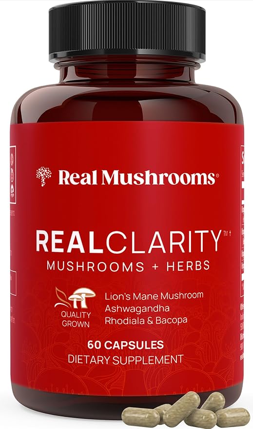 Real Mushrooms RealClarity Capsules – Lion’s Mane, KSM-66 Ashwagandha, Cordyceps & Reishi – Mental Sharpness, Alertness. & Adaptogenic Support – Vegan, Non-GMO – 60 Count Mushroom Supplement