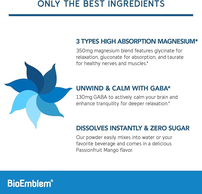 BioEmblem Triple Magnesium Powder Drink - 350mg High Absorption Magnesium Glycinate, Gluconate, Taurate & GABA for Rest, Sleep, & Brain Health - Passionfruit Mango Flavor - Vegan - (30 Servings)