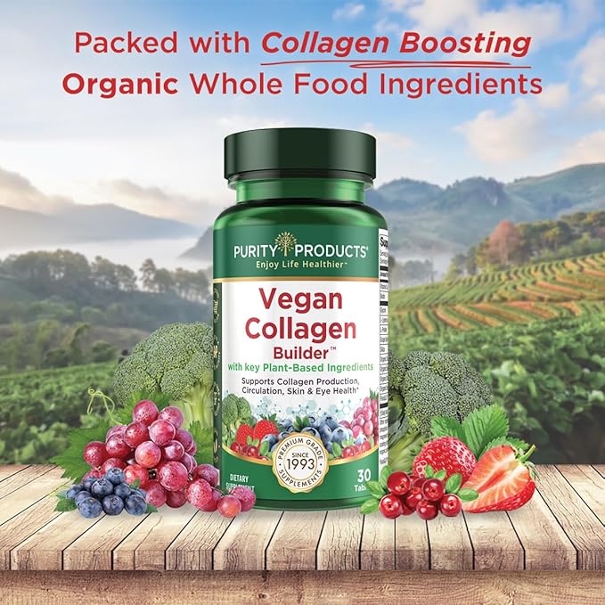 Vegan Collagen Builder - Organic Whole Foods Fruits + Veg, Silica, Lutein, Vitamin C, Biotin, Grape Seed - Amino Acids Glycine, Lysine + Proline Collagen Boosters (30 Servings, Tablets)