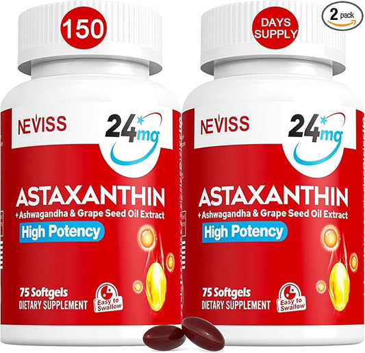 Astaxanthin Supplements 24mg, 5 Month Supply - Coconut MCT Oil, Fresh Microalgae Source w/Grape Seed Oil, Ashwagandha - Antioxidants for Healthy Skin, Eyes, Aging - Non-GMO & Gluten Free, 150 Softgels