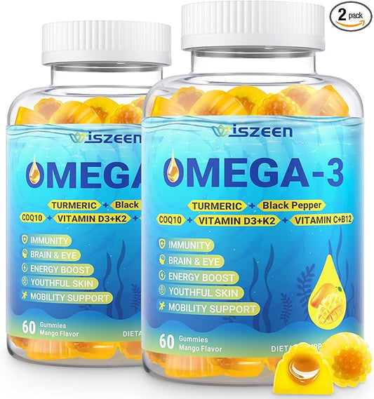 Omega 3 Gummies Vegan Fish Oil Gummies with Turmeric + CoQ10 + Vitamin C D3 K2, Fish Oil Omega 3 Supplements for Women & Men with Algae DHA & EPA for Brain & Immune Support, Sugar Free, 120 Cts