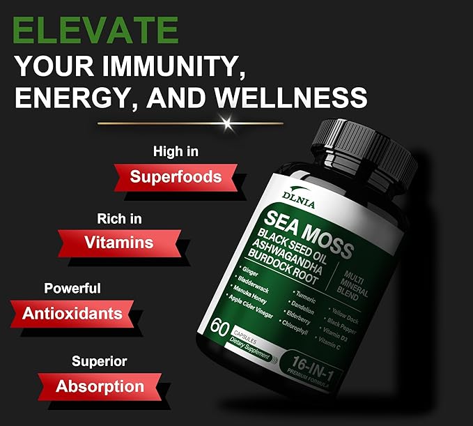 16-in-1 Organic Sea Moss Gel Alternative Capsules – Superfood Blend with Ashwagandha, Black Seed Oil, Turmeric, Bladderwrack, Burdock, Elderberry, Manuka, Dandelion, Yellow Dock, Vitamin C & D3