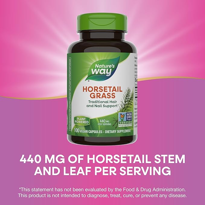 Nature's Way Horsetail Grass, Traditional Hair & Nail Support*, 440 mg per Serving, Non-GMO Project Verified, Vegan, 100 Capsules (Packaging May Vary)