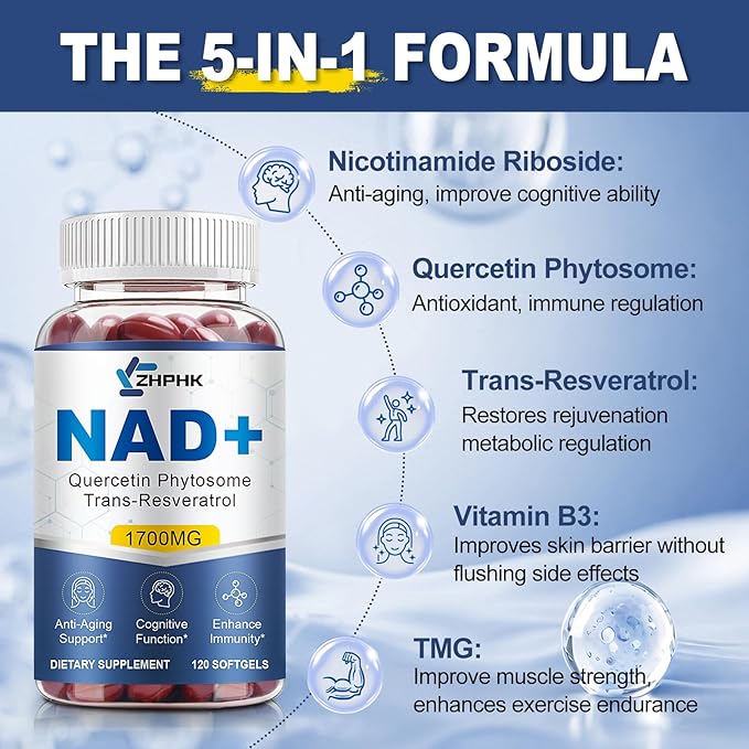 NAD Supplement Softgels 1700mg, Nad Supplements for Women & Men with Nicotinamide Riboside Quercetin Phytosome, Trans Resveratrol & TMG, Boost Energy & Anti-Aging Support 240-Count, 120 Days Supply