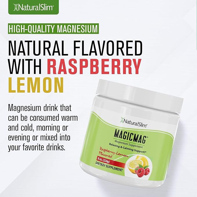 NaturalSlim Magicmag Pure Magnesium Citrate Powder Stress, Constipation, Muscle, Heart Health, and Sleep Support | Raspberry Lemon Magnesium Supplement - 8oz Drink Mix (Solo)