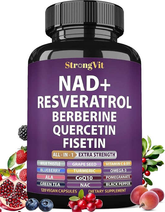 NAD Resveratrol Supplement with Berberine, Quercetin, CoQ10. Anti-Aging Formula for Women & Men. Liposomal NAD Plus, NAD+ Booster, Pure Organic Vitamin, USA (120 Capsules)