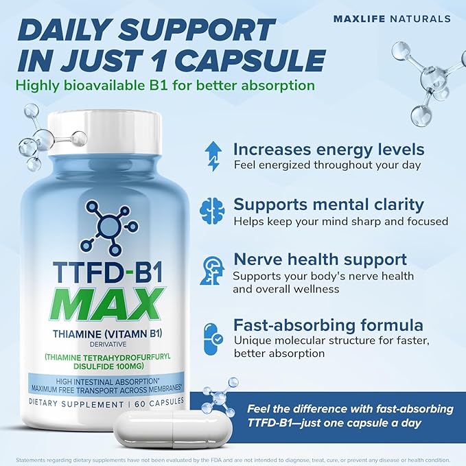 TTFD Thiamine B1 Supplement 60Capsules Made in USA- Thiamine TTFD Vitamin B1 MAX, High-Potency Supplement for Energy & Focus, Supports Healthy Nerve Function & Overall Wellness by MaxLife Naturals
