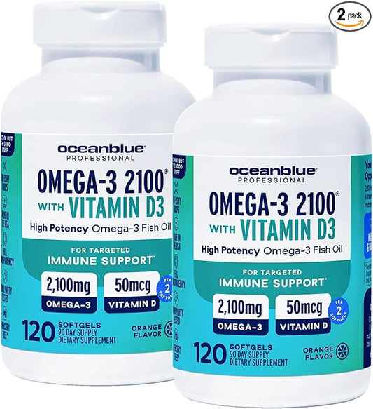 Oceanblue Professional Omega-3 2100 with Vitamin D3 – 120 ct - 2pack – Triple Strength Burpless Fish Oil Supplement with High-Potency EPA, DHA, DPA and Vitamin D3 – Wild-Caught – Orange Flavor
