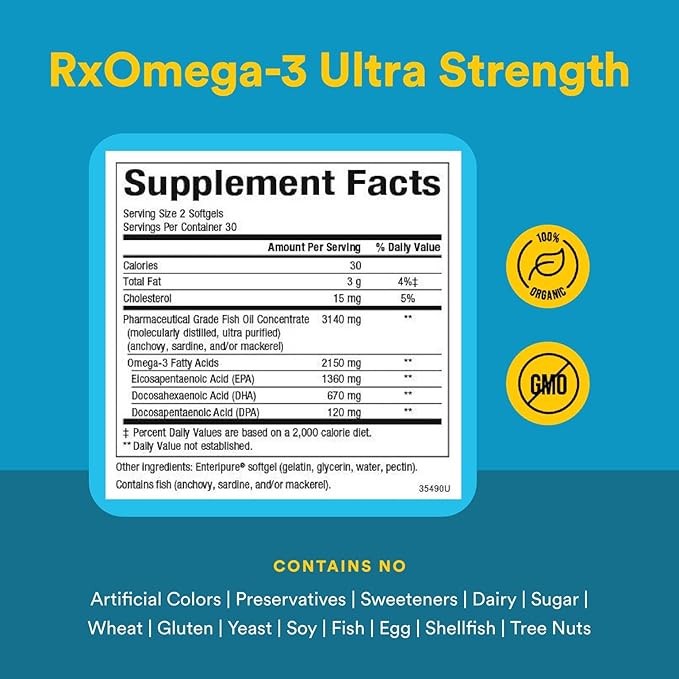 Natural Factors RxOmega-3 Ultra Strength Fish Oil with Vitamin D3, High Potency Formula, 2,150 mg, No Fishy Aftertaste, 60 Softgels