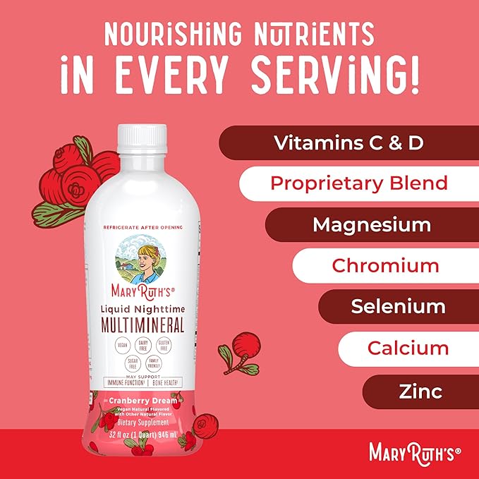 MaryRuth Organics Liquid Nighttime Multimineral | No Melatonin | Bedtime Routine | Magnesium Citrate | Calcium | Zinc | Vitamin D3| Available in 4 Flavors | Vegan | Sugar Free | Gluten Free | 32 Oz