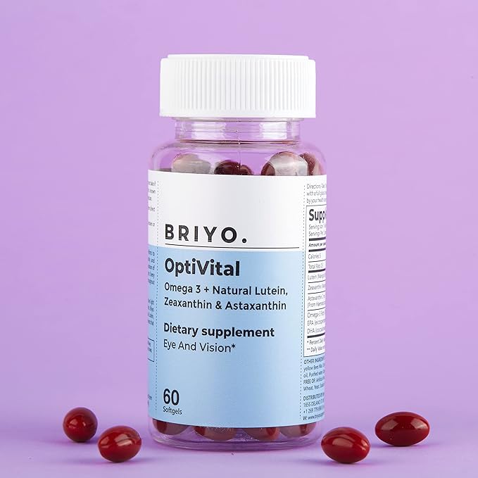 Briyo Optivital Eye Health Supplement with Lutein, Zeaxanthin, Astaxanthin and Omega 3 – Supports Visual Clarity, Screen Fatigue Relief and Long Term Retinal Health – One a Day, 60 Softgels