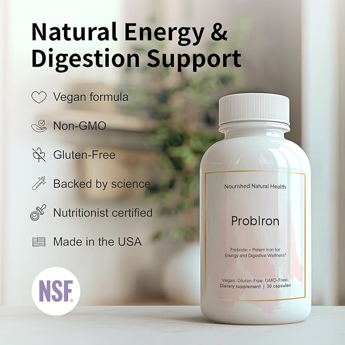 Nourished Natural Health ProbIron - Women's Probiotic + Iron Supplement Boosted with Vitamin C and Copper - Vegan Formula for Energy and Digestive Wellness - 180 Capsules