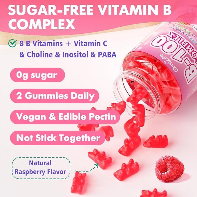 2 Pack Vitamin B Complex Gummies, All B Vitamins + Methyl B12, B1, B2, B3, B5, B6, Biotin, Methylfolate, Vitamin C, Choline, Inositol, PABA for Energy & Immune Support, Raspberry, 120 Count