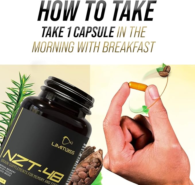 NZT-48 Brain Booster | Nootropic Brain Supplements for Memory and Focus | Premium Natural Energy Supplement with Caffeine, Phosphatidylserine, Vitamins B6 & B12, Ashwagandha | 30 Servings