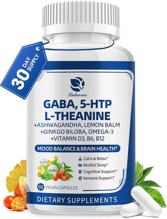 GABA Supplements 750mg with L Theanine, 5HTP, Ashwagandha, Lemon Balm, Ginkgo Biloba, Omega-3, 10 in 1 GABA Calm Capsules for Sleep, Relaxation, Focus, Mood Support, Cortisol Balance - 60CT