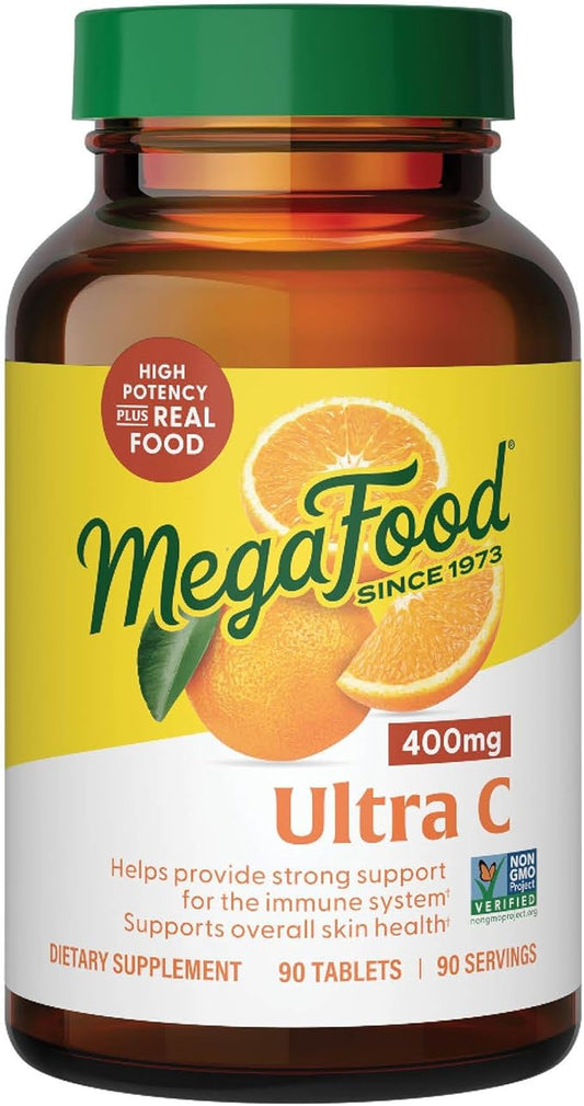 MegaFood Ultra C 400 mg - Vegan Immune Support Supplement with Vitamin C, Made with Real Food Including Broccoli, Carrot, Cranberry & Brown Rice, Gluten-Free, Kosher - 90 Tablets, 90 Servings