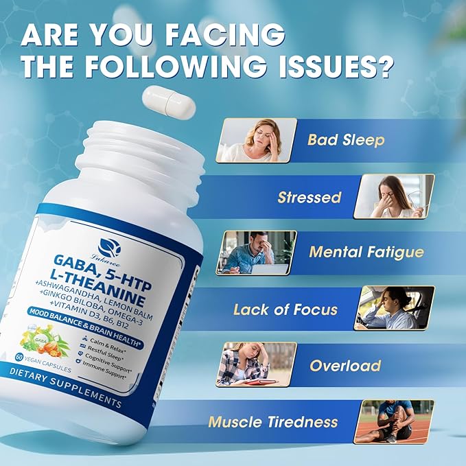 GABA Supplements 750mg with L Theanine, 5HTP, Ashwagandha, Lemon Balm, Ginkgo Biloba, Omega-3, 10 in 1 GABA Calm Capsules for Sleep, Relaxation, Focus, Mood Support, Cortisol Balance - 60CT