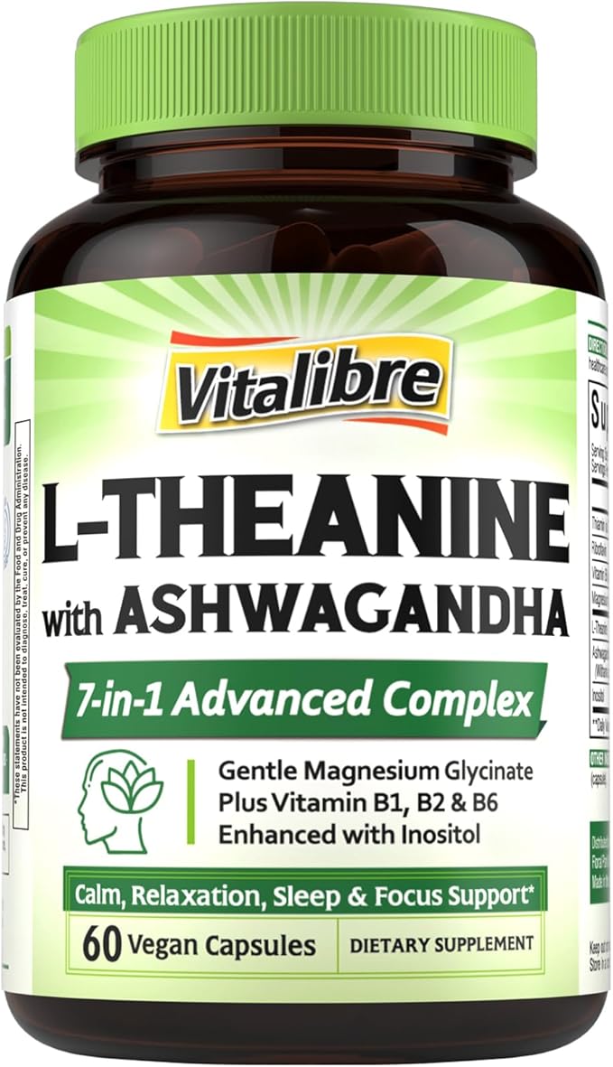 L-Theanine 200mg Supplement, Magnesium Glycinate, Ashwagandha, Inositol, Vitamin B1 B2 B6, No Gluten, Calm, Relaxation, Focus, Cognitive Function, 60 Vegan Caps