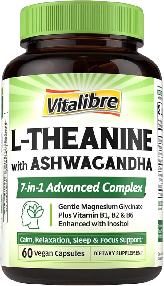 L-Theanine 200mg Supplement, Magnesium Glycinate, Ashwagandha, Inositol, Vitamin B1 B2 B6, No Gluten, Calm, Relaxation, Focus, Cognitive Function, 60 Vegan Caps
