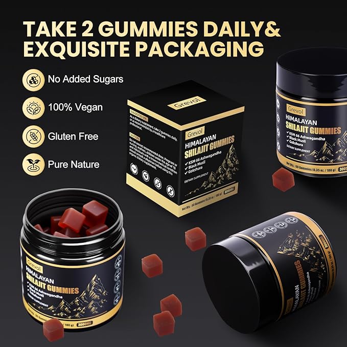 Pure Himalayan Shilajit Gummies with Ashwagandha - Fulvic Acid & 85+ Trace Minerals - No Added Sugar - Shilajit for Men & Women - 60 Gummy