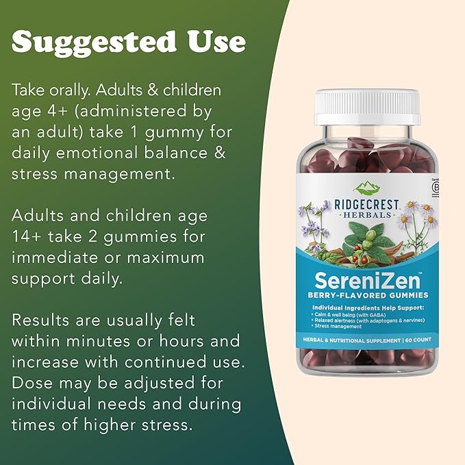 RidgeCrest Herbals SereniZen Gummies with Ashwagandha, GABA, L-Theanine, Chamomile & Lemon Balm, Supports Relaxation & Calm, Stress Management, Sleep. Daily Health Supplement, 60 Ct, 1-2 Month Supply
