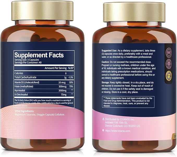 Myo-Inositol & D-Chiro Inositol Supplement Capules 3075mg, Plus Multivitamin Vitamin D3, Folate, Ideal 40:1 Ratio - Hormonal Balance for Women & Ovarian* Support | Vegan, Non GMO - 120 Caps
