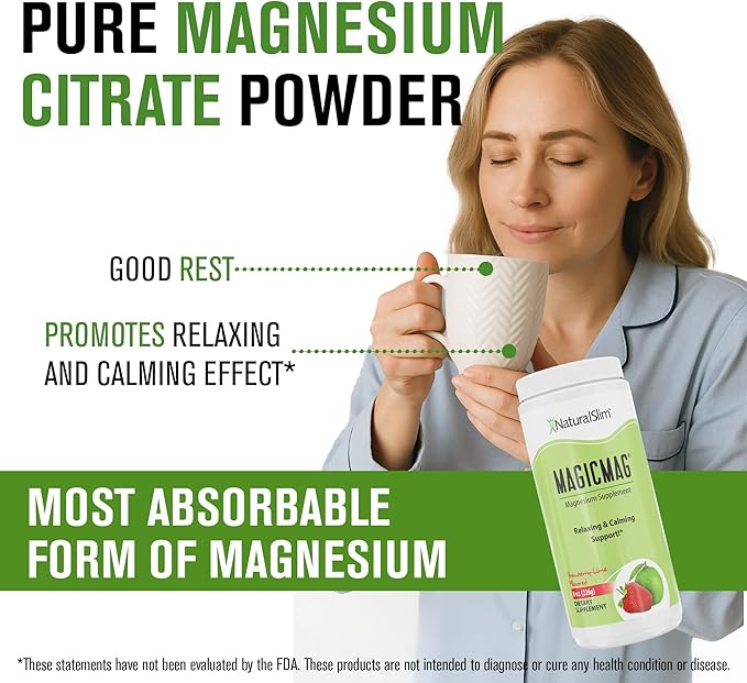 NaturalSlim Magicmag Pure Magnesium Citrate Powder – Stress, Constipation, Muscle, Heart Health, and Sleep Support | Natural Strawberry & Lime Flavored Magnesium Supplement - 8oz Drink Mix (Solo)