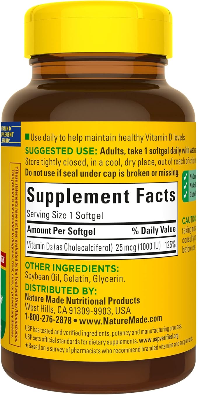 Nature Made Vitamin D3 1000 IU (25 mcg), Vitamin D Supplement for Bone, Teeth, Muscle and Immune Health Support, 180 Softgels, 180 Day Supply